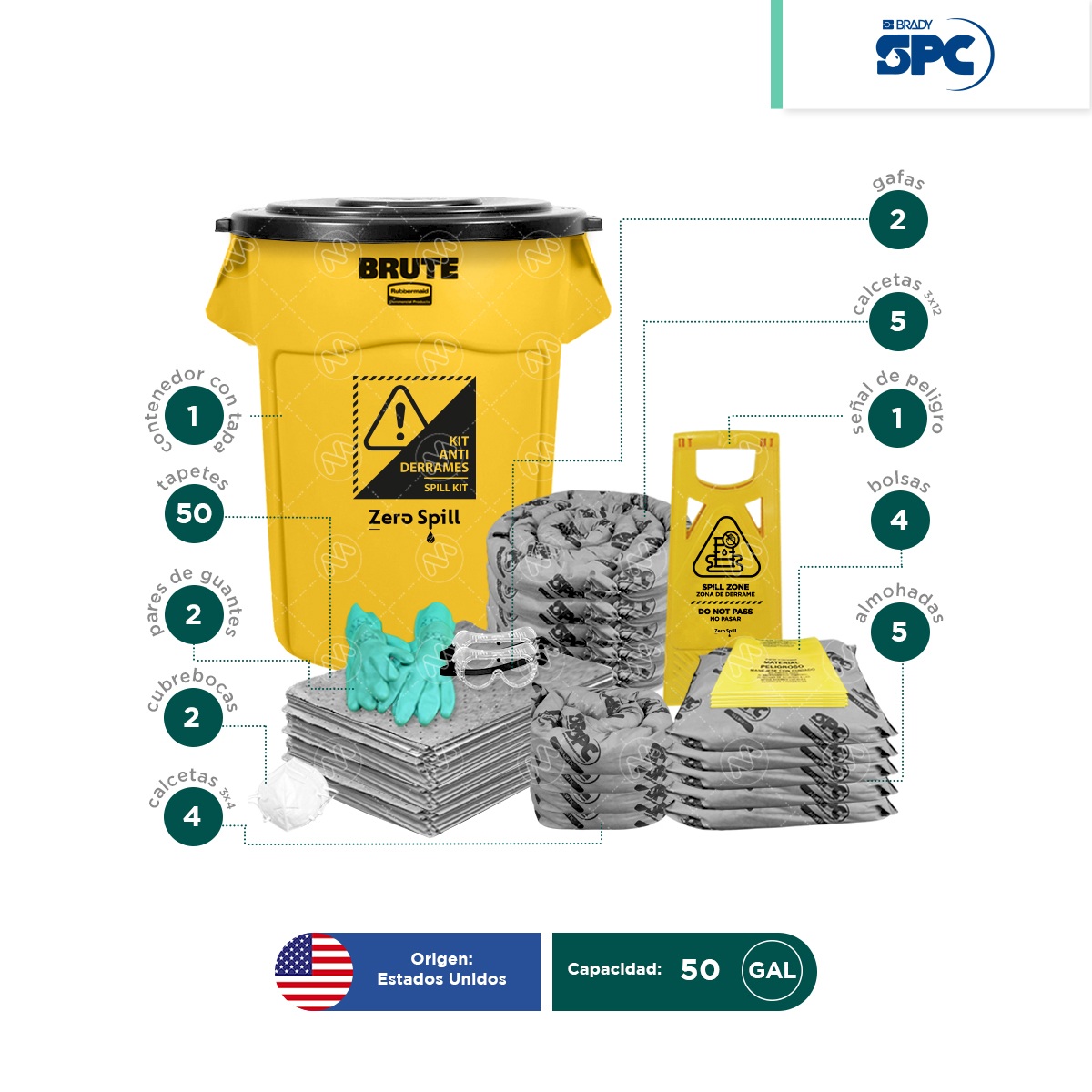 kit antiderrames universal 50 gal spc brute tapa negra 002